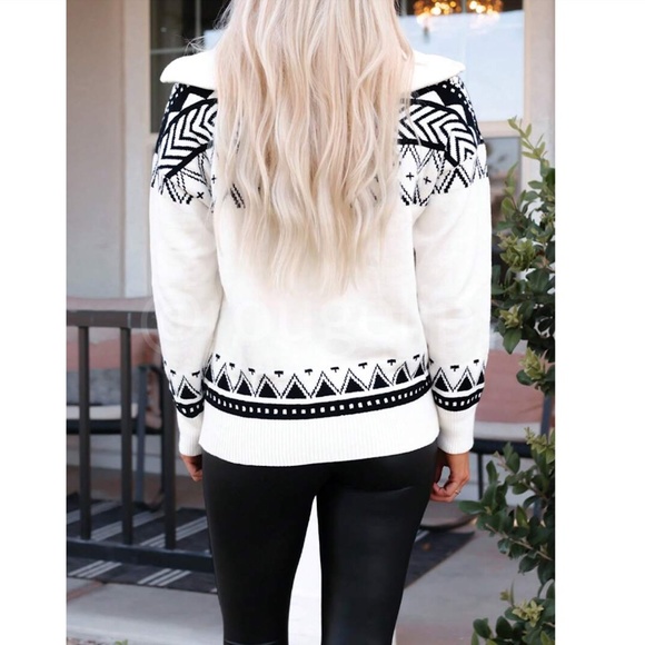 Nordic Print White Thick Knit Pullover Sweater Zip Collar - Picture 2 of 9